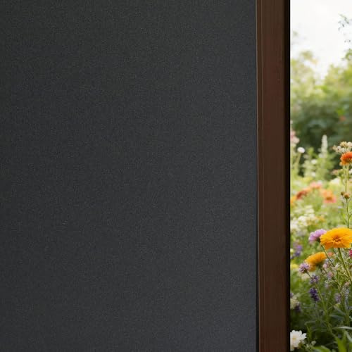FEOMOS Schwarz Fensterfolie Blickdicht, Sichtschutzfolie, 60x200cm | Milchglasfolie Selbstklebend Lichtundurchlässig Fenster Klebefolie Statische Dunkel Anti-UV für Schlafzimmer Badezimmer Büro