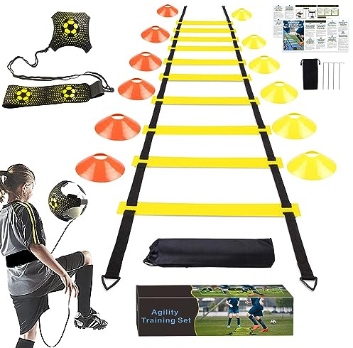 YGORTECH Fussball trainingszubehör, Koordinationsleiter 6m, 12 Hütchen und Fußball Kick Trainer, fußball trainingsset fussball geschenke jungen und Erwachsener