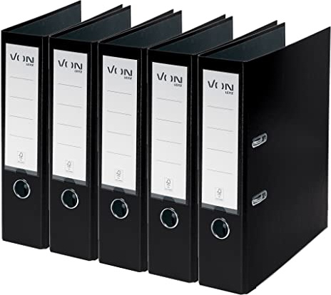 VON Leitz 10551095 - Confezione da 5 cartelle in cartone con copertina in plastica, dorso 80 mm, per 600 fogli, certificato FSC, per scuola, studio e casa, colore: nero
