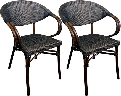 CLP Bistrostuhl 2er Set stapelbar Madetta mit Armlehnen, wetterfest, aus Aluminium, mit Holzoptik, 4-Fuß-Gestell bis 200 kg belastbar Farbe Coffee