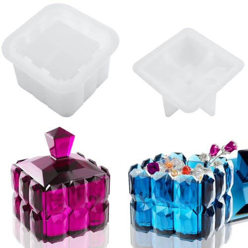 DeryArcle Storage Box Resin Mould with Lid, Faceted Cube Jar Silicone Moulds, Jewelry Storage Epoxy Resin Mold Trinket Container Casting Molds for DIY Pen Holder Ring Necklace Candy Organizer Decor