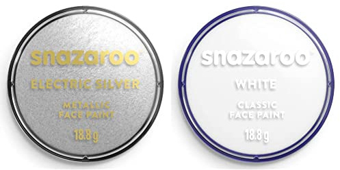 Snazaroo Metallic Face and Body Paint, Electric Silver, 18.8g Professional Water Based, Single Cake Makeup Supplies for Adults, Kids and Special FX & Snazaroo Classic Face and Body Paint, White, 18.8g