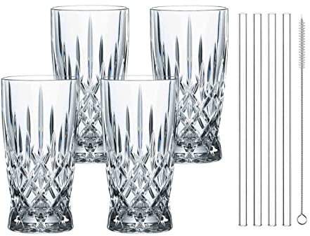 Spiegelau & Nachtmann Latte Macchiato Set Noblesse, Spülmaschinengeeignete Heißgetränke-Gläser, Glastrinkhalme 21 cm, 8-teiliges Vorteilsset, Kristallglas