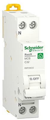 Schneider Electric R9P35632 Interruttore Magnetotermico, Resi9 MCB, Curva C, 1P+N Poli, Bianco, 32A Corrente Nominale