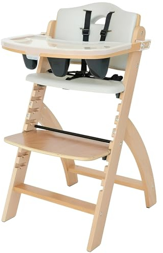Abiie Beyond Junior Wooden High Chair with Tray - Adjustable and Convertible High Chair for Babies and Toddlers - 6 Months to 250 Lb - Water Resistant - Natural Wood/Dove Grey Cushion