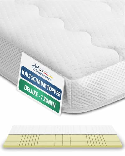 AM Qualitätsmatratzen 3D Deluxe 7 Zonen Kaltschaum Topper 90x200cm RG50 - Made in Germany - Atmungsaktiver Topper 90x200-8cm - Matratzenauflage 90x200 mit Lyocell Bezug und Anti-Rutsch Funktion