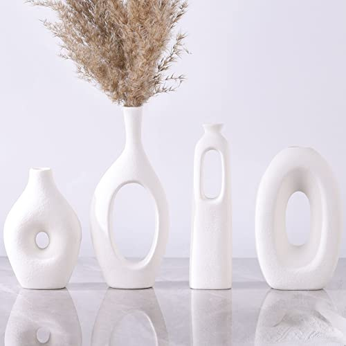 Set di 4 vasi in ceramica bianca - Vasi Boho rotondi cavi per la decorazione dell'erba della pampa Vasi piccoli moderni - Centrotavola per soggiorno, camera da letto, caminetto, tavolino da caffè