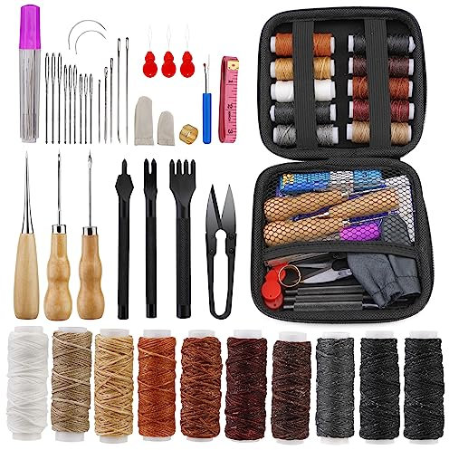 Doxiru Leder-Nähset - Nähwerkzeug-Sets mit Nähahle, Nahttrenner, Handnähnadeln, Nähgarn für Lederhandwerk - DIY-Werkzeugset für Anfänger und Profis