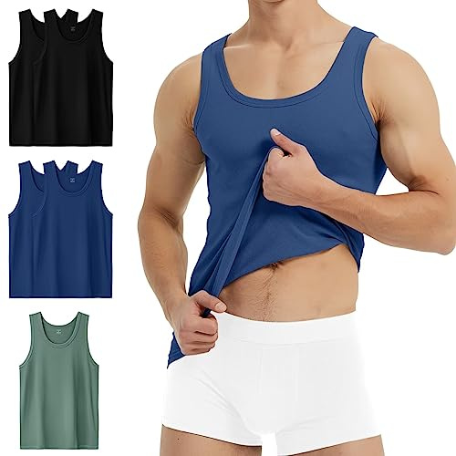 YouShow Camiseta Tirantes Hombre sin Mangas 100% Algodón Tejido Canalé Ropa Interior Verano Pack de 5, 2 Negro, 2 Marino, 1 Oliva M
