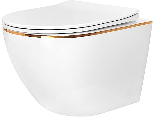 Rea WC sospeso a parete Carlo bianco Mini piatto WC in ceramica bordo oro - Sedile in Duroplast Softclose - Abbassamento automatico con chiusura rallentata (Bianco)