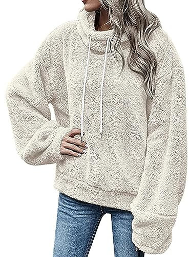 Onsoyours Sweatshirt Damen Winter Warm Hoodie Teddy Fleece Pullover Tie dye Flauschig Winterpullover Oversized Weich Mädchen Sweater Pulli mit große Tasche C Weiß L