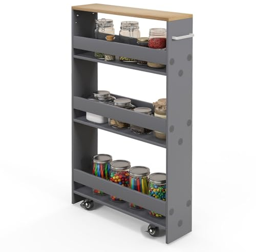GIANTEX Carrello per Nicchia con Ruote, 4 Livelli，Carrello di Servizio Stretto Salvaspazio, da Bagno, Scaffale da Cucina Sottile 47,5 x 13 x 80,5 cm (Naturale+Grigio, Largo 13 cm)