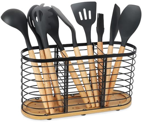 buysigo Large Bamboo Base Matte Black Utensil Organizer - Farmhouse Cooking Spatula Holder