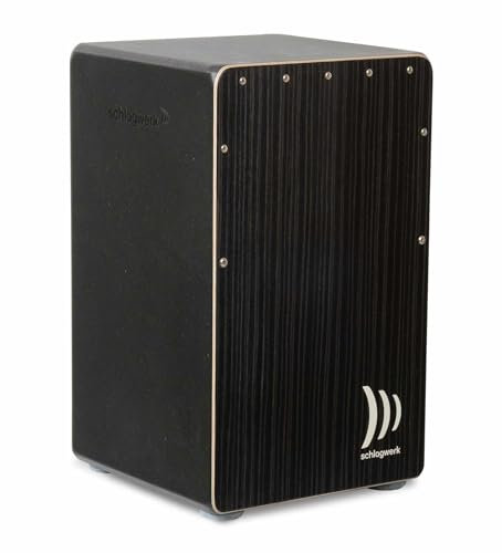 Schlagwerk CP91 Cajon Rudiments Hard Coal Stripes Large - Cajon Instrument mit zwei Snare Teppichen 50 x 30 x 30 cm - schwarze Seiten und Front mit schwarzem Kohle Designfurnier - Made in Germany