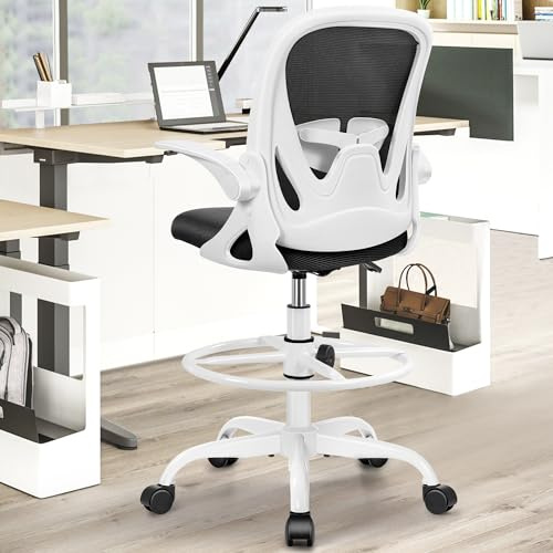 Primy Ergonomisches Bürostuhl, höhenverstellbarer Zeichenstuhl mit klappbaren Armlehnen und Verstellbarer Lendenstütze mit Fußstützenring, Familiendrehstuhl (Weiß)