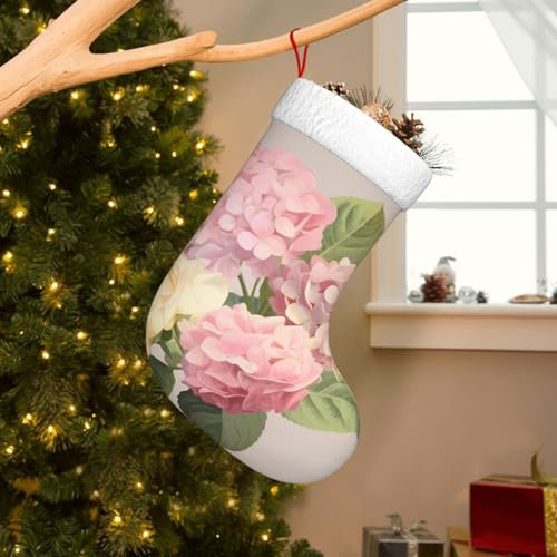 UPGENT Weihnachtsstrumpf mit rosa Rose, Hortensien, festliche Weihnachtsdekoration, Geschenksack – Weihnachtssocke für Süßigkeiten, Spielzeug und mehr