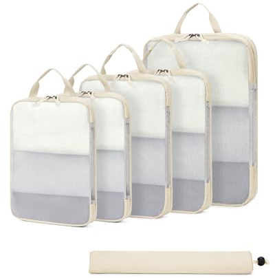 ECOHUB Travel Compression Packing Cubes, Recycled 6 Set Packing Cubes for Backpack Suitcases, Tear Resistant Mesh Travel Cubes with Shoes Bag, Washable Packing Organiser Expandable, Patent Pending