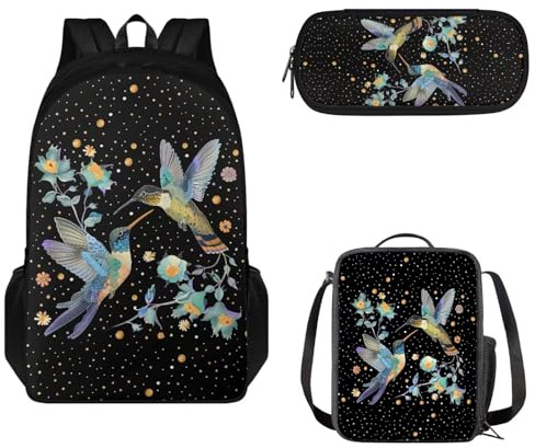 Tomeusey Ensemble 3 n 1 sac à dos pour enfants avec sac à déjeuner isotherme et trousse à crayons pour garçons et filles - Grande capacité - Double fermeture éclair, Colibri floral.
