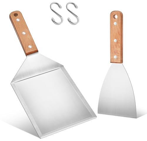 Herogo Grillspachtel Set, 2 Stück Edelstahl Plancha Spachtels und Groß Grillwender für Smash Burger, Teppanyaki, BBQ Zubehör, Grill Geschenke für Männer, Spülmaschinenfest - Holzgriff