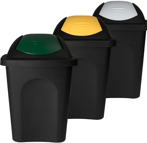 Lot de 3 poubelles à couvercle basculant 30 l jaune, vert, blanc, sac jaune, poubelle de cuisine, poubelle à 3 compartiments, système de tri sélectif, poubelle de cuisine, poubelle à déchets, poubelle