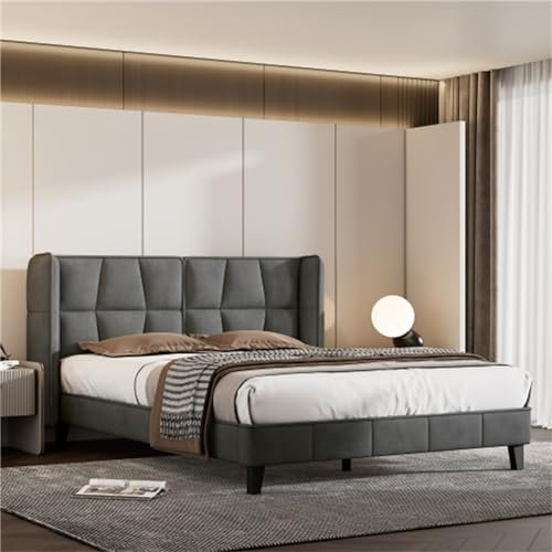 Stilvolles Materialpolsterbett Mit Verstellbarem Kopfteil Im Karo-Stil Und Massivholzplatte, Grau – Geeignet Für Schlafzimmer Für Erwachsene Und Jugendliche(Size:140x200cm)
