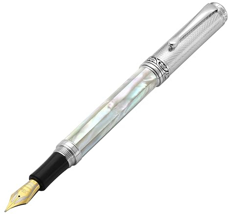 Xezo Maestro Stylo plume, pointe moyenne fine (0,45 mm), série cadeau d'écriture, nacre blanche, gravure guilloche, fait main, sérialisé. Unique