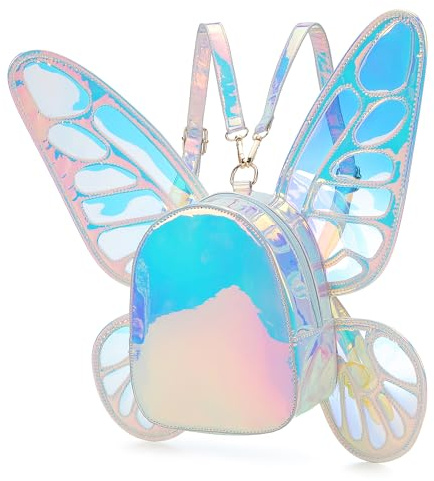 fancybag Holographic Butterfly Wings Women Backpacks Fun Daypack with Fairy Wings Girls Shoulder Bag Rave Accessories(Laser Silver)