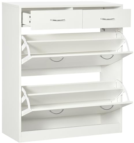 HOMCOM Narrow Cabinet Slim Shoe Storage Cabinet 2 Flip Drawers White | 2 Slide Out Drawers, Adjustable Shelves, for 12 Pairs of Shoes, for Entryway Hallway