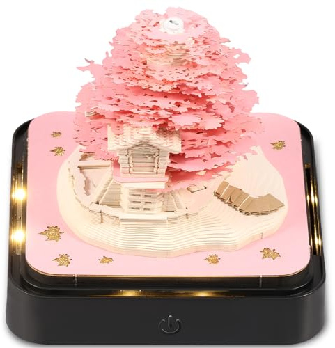 Calendrier 3D 2025 à arracher - 365 jours - Calendrier de bureau avec lumières et socle - Utilisez des sculptures en papier d'art - Calendrier Time Piece pour Noël (Arbre rose)