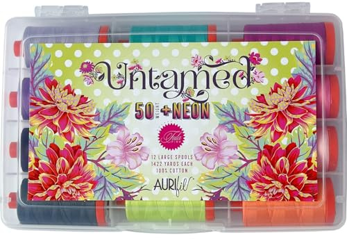 Aurifil Ungezähmtes 50 W + Neon-Garn-Set, 12 große Spulen, 100 % Baumwolle, ideal zum Nähen, Basteln und Patchwork