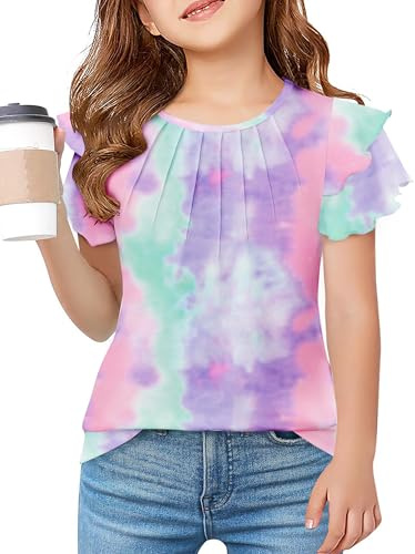 Arshiner Girls T Shirts Ruffle Short Sleeve Summer Pleated Crewneck Casual Tops Tees Blouses for Kids Tie dye 130 7-8 Years