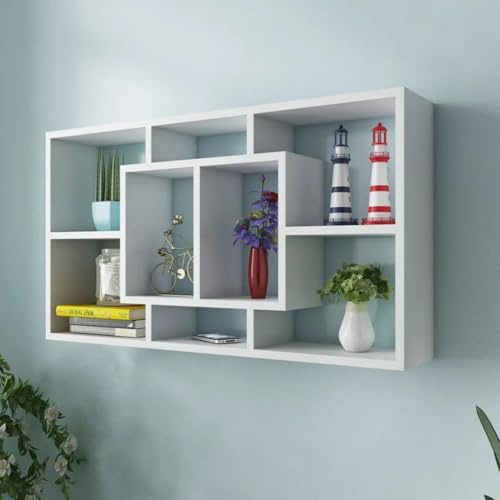 Myheimly Wandregal Hängeregal Wandboard Bücherregal CD DVD Regal mit 8 Fächern Weiß