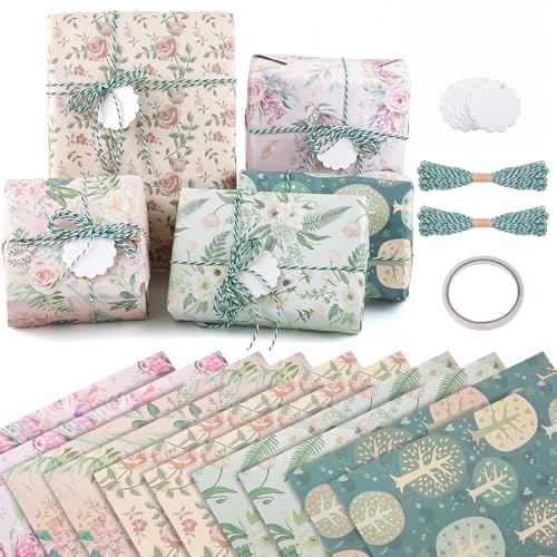 Carta da regalo Primavera, 10 fogli di carta da regalo per Pasqua, carta regalo vintage con fiori, corda di canapa e etichetta di carta kraft per donne, uomini, ragazze, ragazzi