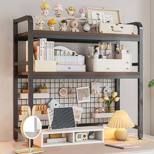 2 Tier Computer Desk Bookcase, Metal and Wood Desktop Bookshelf Storage, with Metal Grid, Length 75/115cm, Multipurpose Dorm Desk Organizer, Desktop Hutch for Home, Office Supplies, Bookcase (75CM)