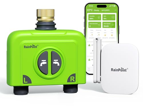 RAINPOINT WiFi Garden Hose Timer 2 Zone, Smart Water Timers for Irrigation, Sprinkler Timer via APP/Voice Control, Built-in Flow Meter, Based on Weather/Soil, Automatic Watering System (Brass Inlet)