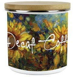 Purely Home Painted Sunflowers Decaf Coffee Storage Canister - Van Gogh Inspired Oil Paint Floral Artwork - Reusable Metal Enamel Medium Sized Kitchen Storage Container