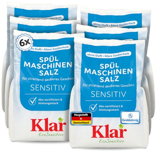 Klar eco Sensitive Geschirrspülsalz 6x2kg, ohne Duft, Kalkschutz für alle Spülmaschinen, Regeneriersalz, vegan