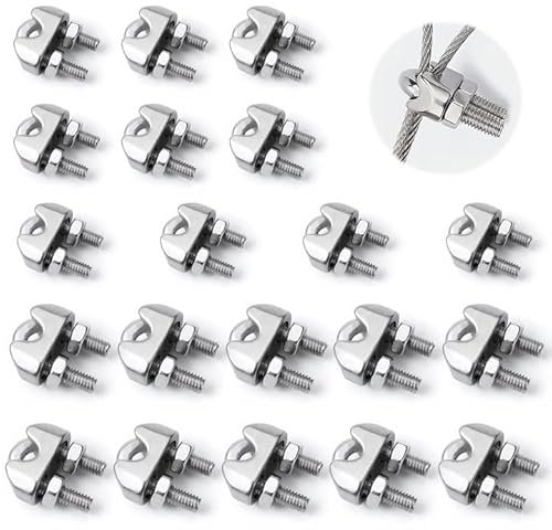 20Pcs Wire Rope Clips Cable Clamps M3 and M4 Stainless Steel U-Bolt for 3mm/4mm Diameter Rope Grip, Heavy Duty Fasteners for Industrial Household Transport Use Rigging and Tension Cable