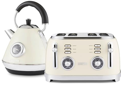 GEEPAS Retrovive 1.7L Electric Kettle & 4 Slice Bread Toaster Kitchen Combo Set | 3000W Vintage Cordless Stainless Steel Kettle Auto Shut-Off, Temperature Gauge | Defrost/Reheat/Cancel 1500W | Cream