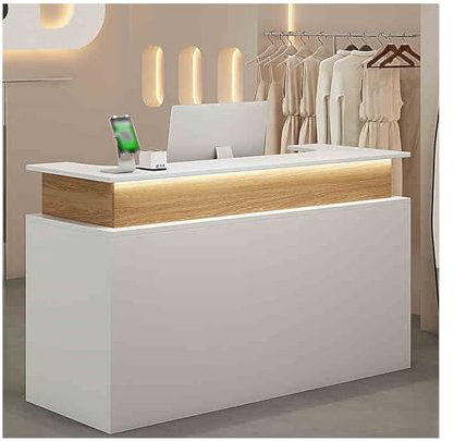 Moderner Empfangstresen mit abschließbarer Schublade – stilvoller Ladentisch für Büro, Einzelhandel, Lobby und Salon – weiß-goldenes Holz-Finish, 130 cm Kassentisch.