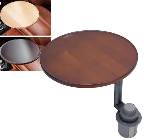 XUMIUZIY Holz-Autotisch, Auto-Schreibtisch für Laptop, 360° drehbarer Holz-Tassenhalter-Tisch, Aluminium-Arm & Massiv-Birkenholz, Essenstablett für Essen/Arbeiten Dual Use (Dunkle Farbe)