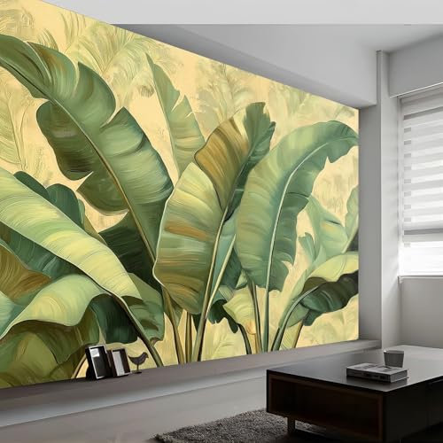 Carta da parati fotografica Pittura A Olio Piante Foglie Di Banano 200 x 140 cm Vello Sfondo Murale Decorazione Crema, Fotomurali moderni in tessuto non tessuto per soggiorno e camera da letto