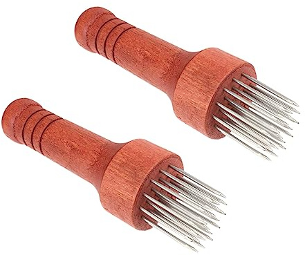 EXAOMBLE Wooden Handle Meat Tenderizer Needle Tool for Home Use, Stainless Steel Pork and Beef Tenderizing Needles, 2pcs Set for Grilling and Cooking
