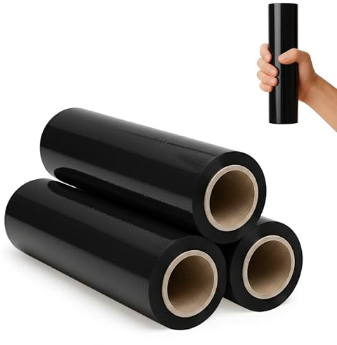 RAGO® Film étirable Noir 25 cm – 3 rouleaux – Film d’emballage opaque 300 g avec mandrin Ø38 mm – Film palette déménagement – Sécurité & discrétion