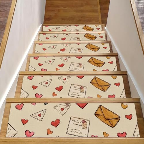 15 gradini per scale da interni con retro antiscivolo, 20,3 x 76,2 cm, per gradini in legno, morbido tappeto per scale per bambini e animali domestici, buste di San Valentino, lettere e cuori
