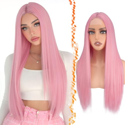 BARSDAR Lange Gerade Rosa Perücke, 71cm Lange Gerade Mittelscheitel Rosa Perücke für Damen Natürliche Haarperücken Synthetische Haar Wigs Spitzenfront Perücken Party Cosplay Halloween