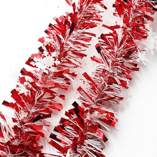 YIGOOWN Girlande Weihnachten, Weihnachtsgirlande Lametta Weihnachtsbaum Girlande mit Weiß Schneeflocken Weihnachtsdeko Christmas Garland für Weihnachtsbaum Innen Aussen Deko (Rot Weiß, 2M)