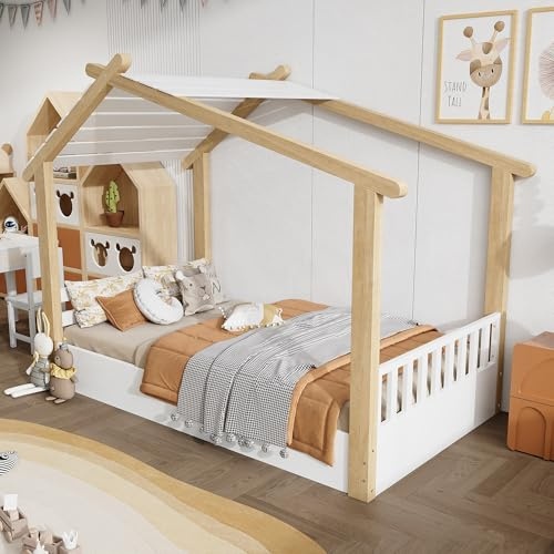 LAKFEW Cama Infantil Cama Montessori 90x190 cm con Diseño del Cabaña de Madera, Cama Bebe para Niño y Niña, Camas Infantiles Camas Montessori Infantil, Blanco+Natural, Sin Colchón