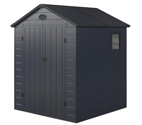 Jôbu Abri de Jardin en Résine Anthracite 3,65m² | Double Porte Verrouillable, Fenêtre, Ventilation | Kit de Fondation Inclus | Structure Acier Galvanisé, Parois 12mm