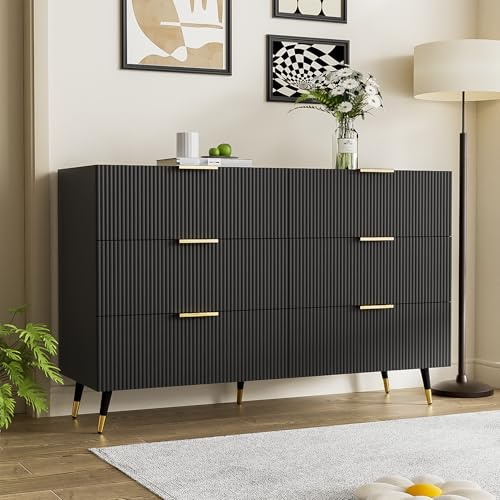 FammyLoft Sideboard Wohnzimmer mit 6 Schubladen, Elegantes Buffetschrank mit Viel Stauraum, 120x40x77cm, Modern Wohnzimmerschrank für Schlafzimmer, Büros, Flur, Schwarz und Gold